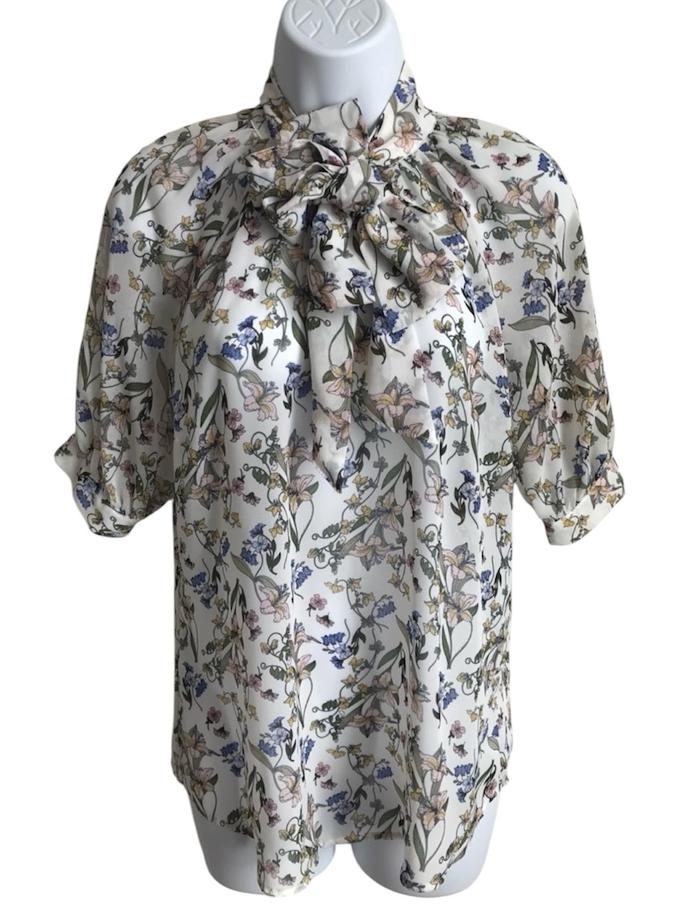 7th Avenue NY&Co Women’s XS White Floral Semi-Sheer SS Tie-Neck Blouse in EUC